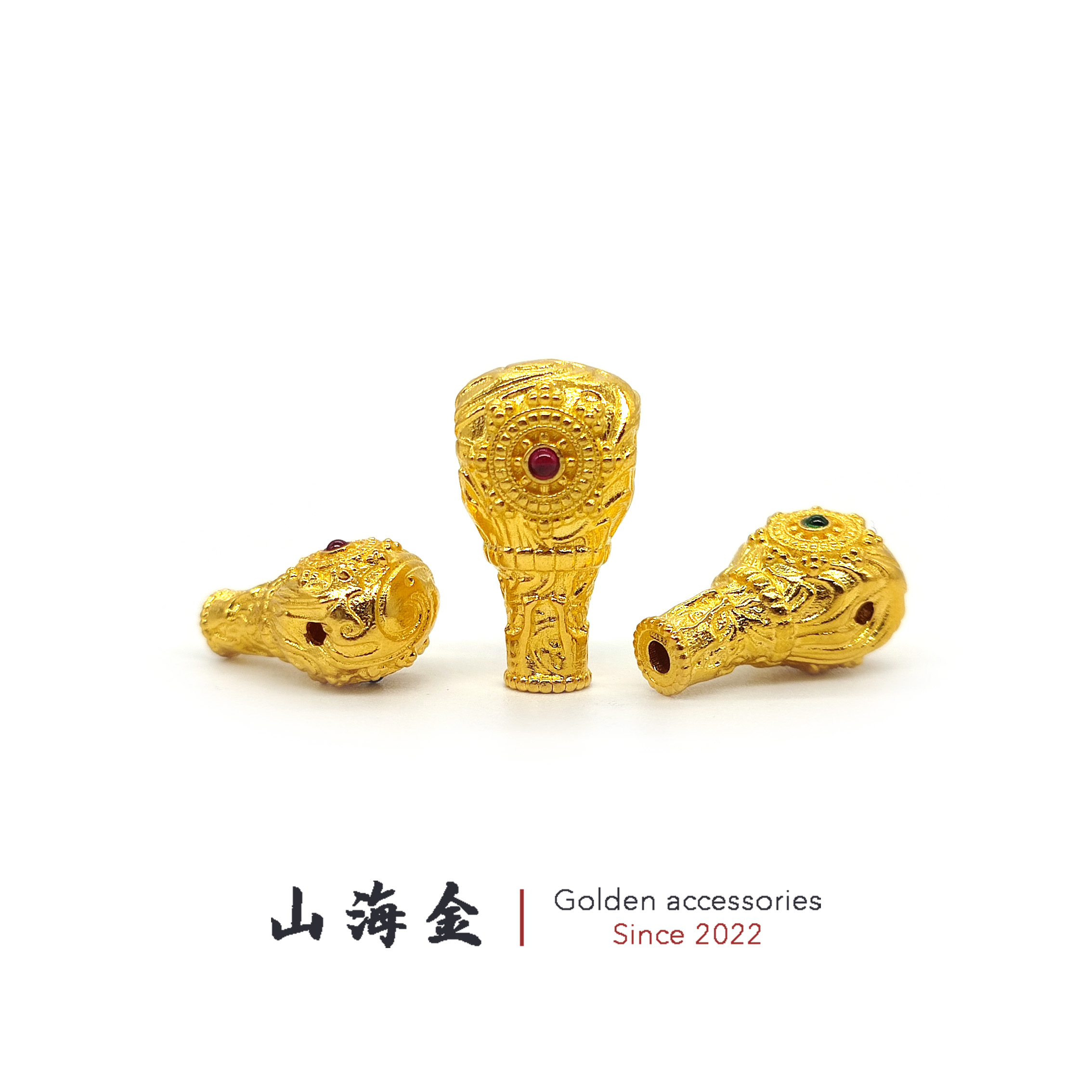 山海金 24K纯黄金999足金转金轮三通佛头文玩手串菩提佛珠金配饰