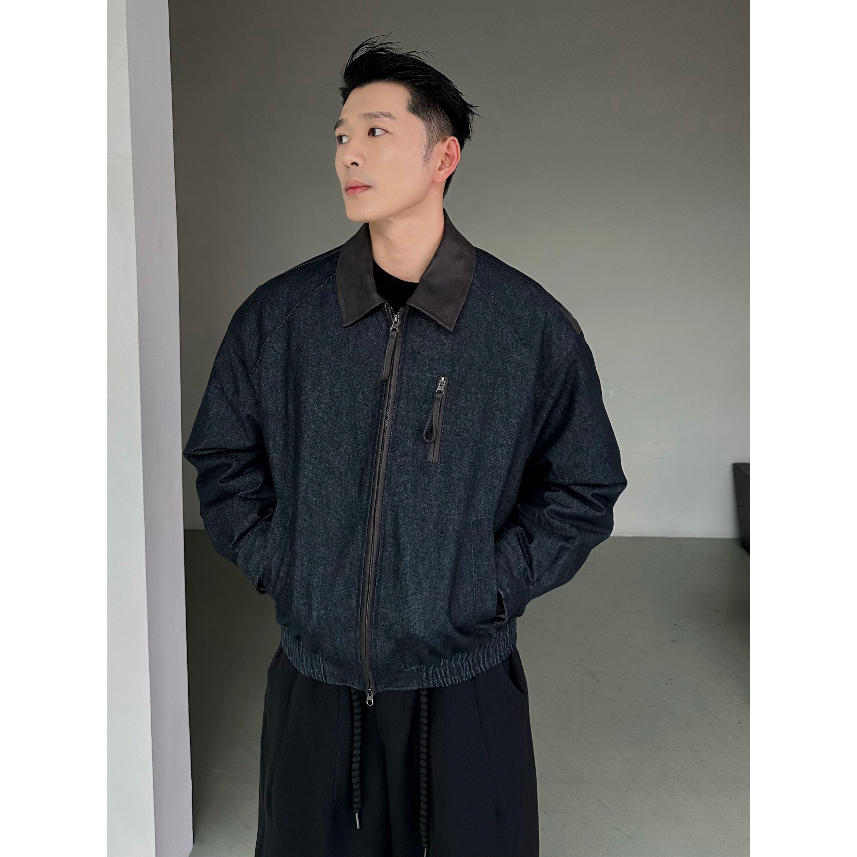 【TANPIN】25A/W 90白鸭绒/单宁牛仔拼皮羽绒服外套