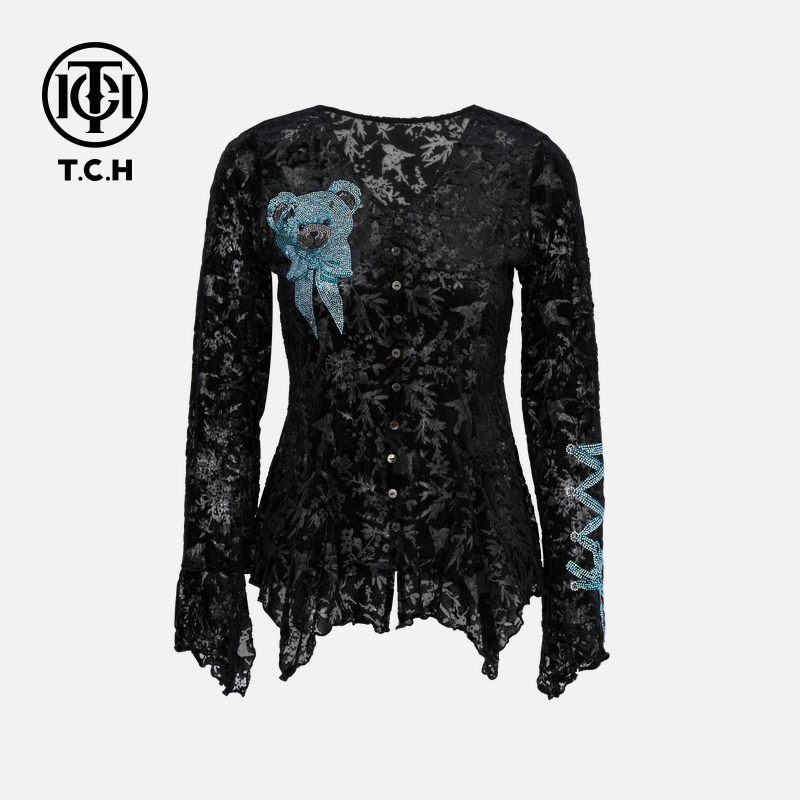 TCH烫钻工艺时尚休闲百搭秋款打底衫女T75C02E5002轻奢tch