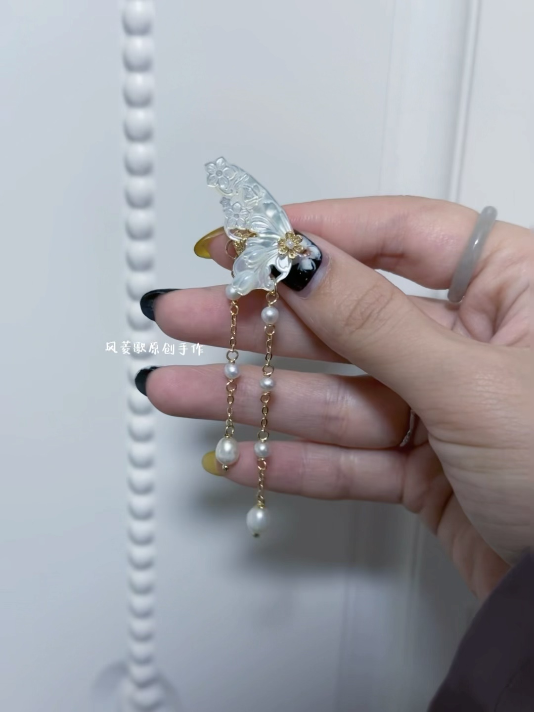风菱歌原创手作耳骨夹淡水珍珠蝴蝶贝仙气耳饰小众