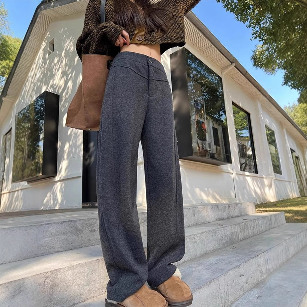 直筒窄版阔腿裤女秋冬季超厚高腰香蕉裤新款毛呢裤宽松垂感镰刀裤