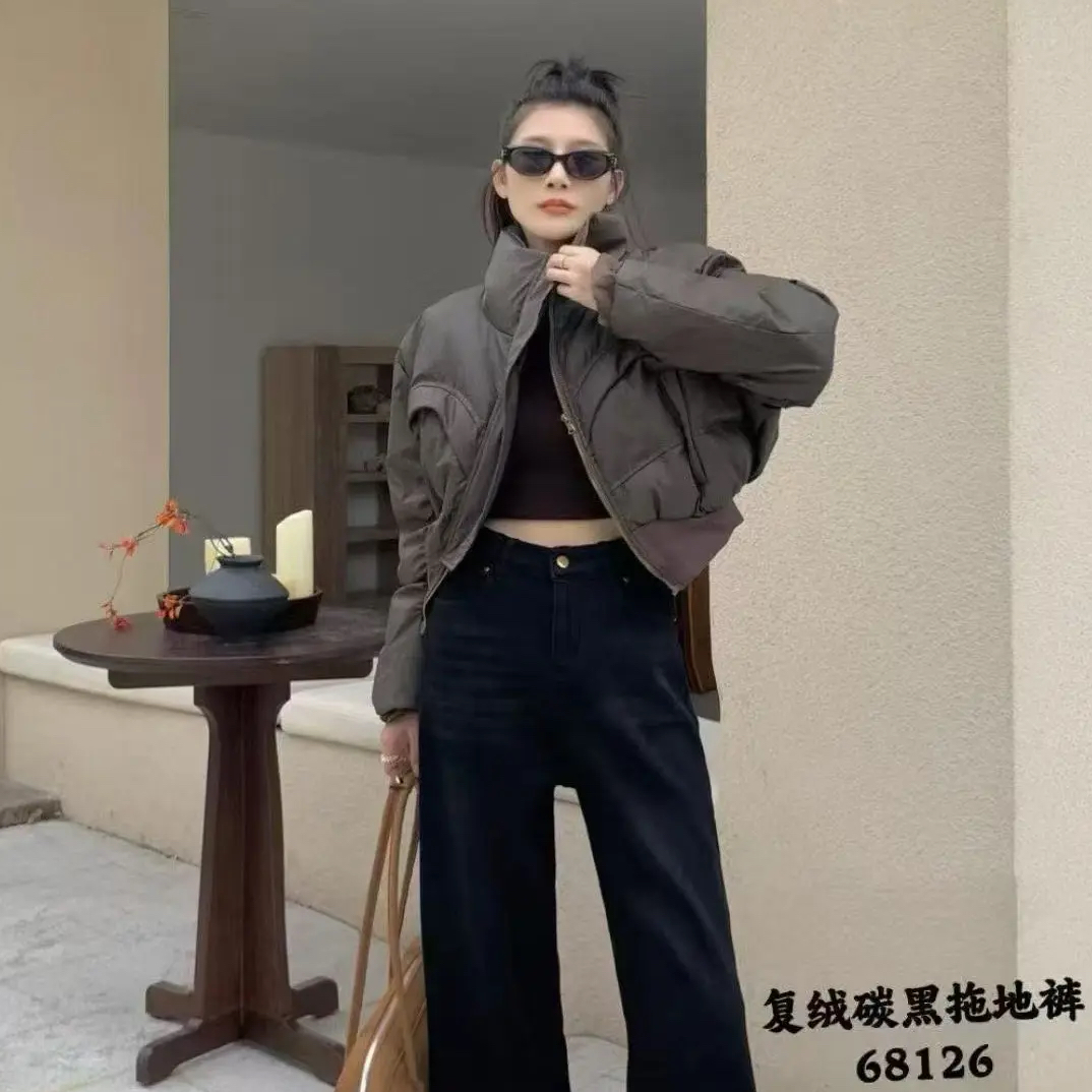 碳黑色大码秋冬加绒牛仔阔腿拖地裤