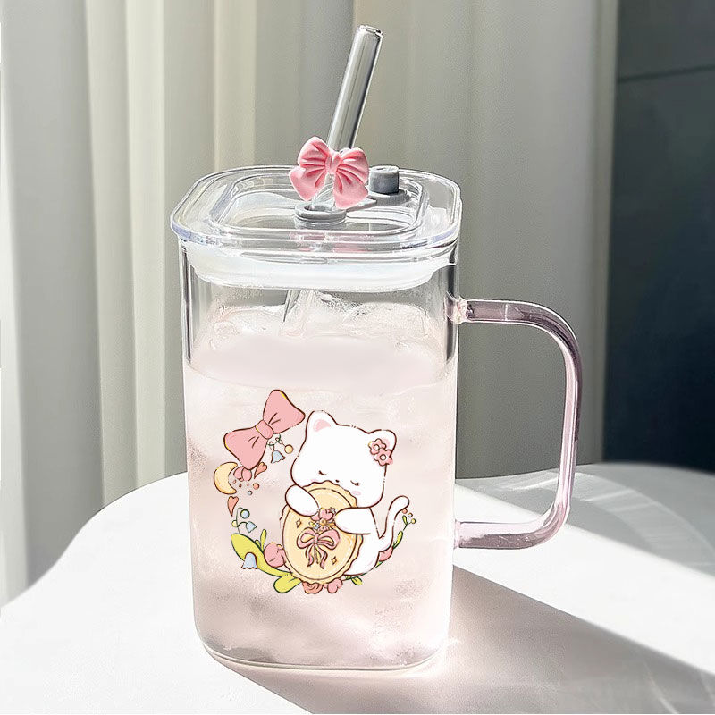 花花猫透明简约方形水杯女ins风把手玻璃吸管杯耐高温咖啡牛奶杯