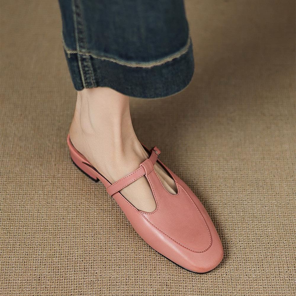 法式高级粉色丁字带包头半拖鞋女2025年春夏季新款A