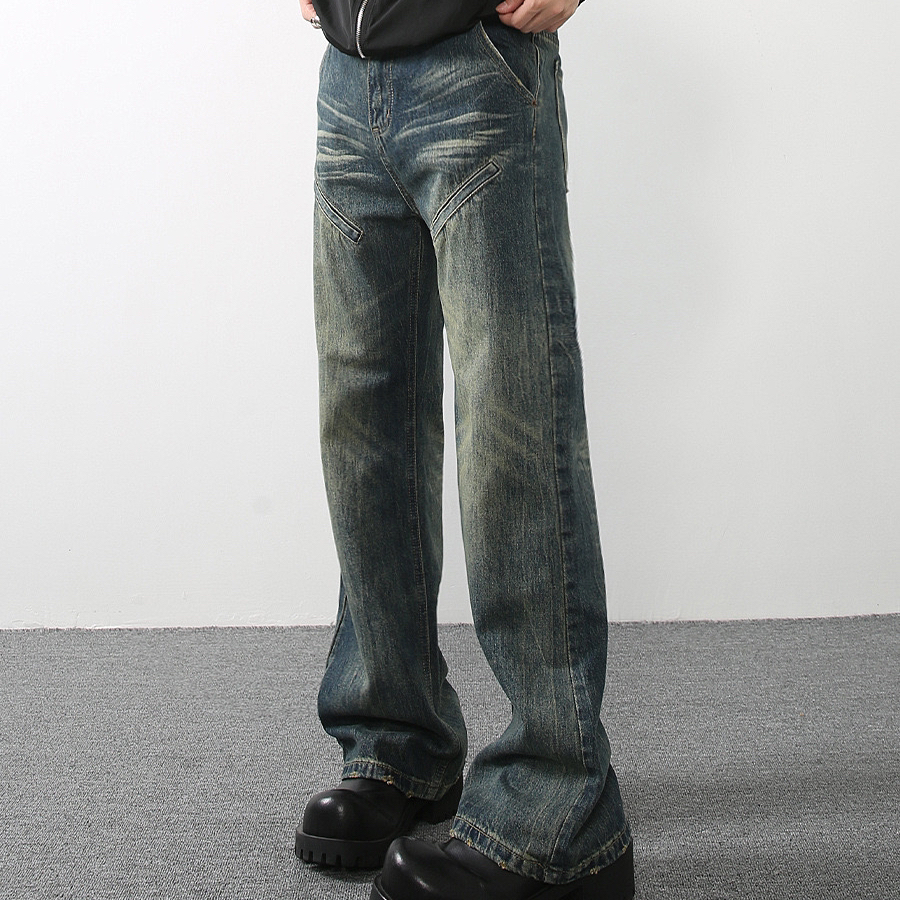 高街水洗做旧猫须牛仔裤男款宽松美式复古微喇vibe情侣潮牌长裤子