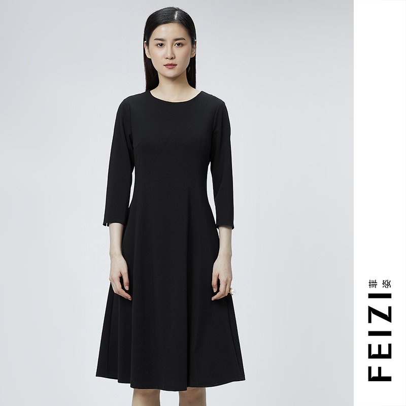 菲姿FEIZI春季新款简约连衣裙1A437黑色显瘦气质