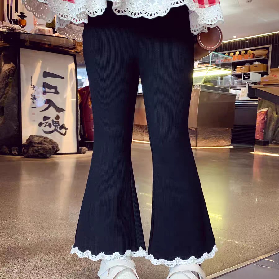 女童喇叭裤秋装2025新款黑色儿童珍珠花边微喇裤小女孩修身长裤子