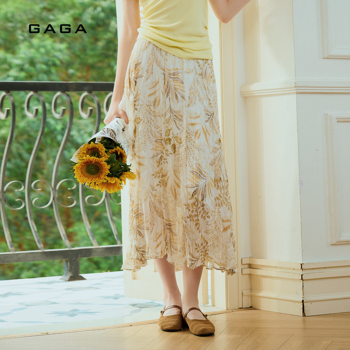 GAGA【暖阳棕絮】法式金棕树叶印花百褶高腰显瘦垂感半身裙G62Q053