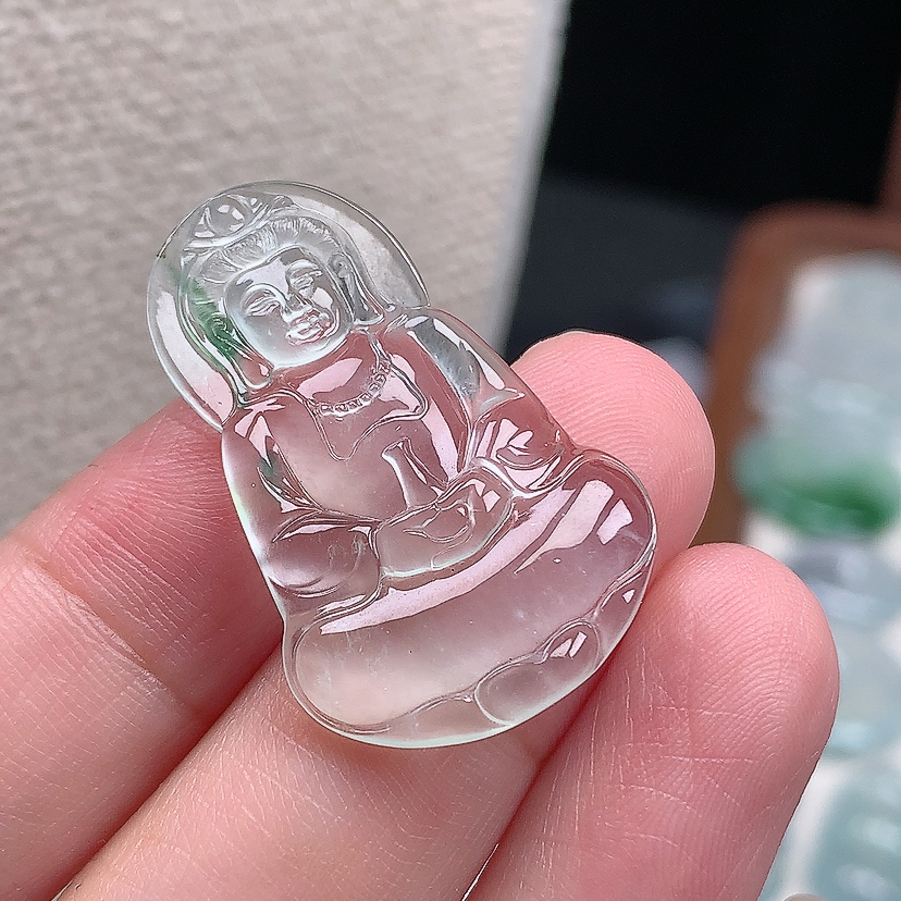 缅甸天然翡翠A货玉石高冰玻璃飘花观音吊坠32.0*20.5*3.4mm