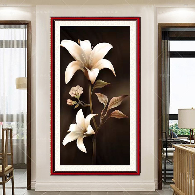 正品玄关十字绣百合竖版精准印花最新纯手工线绣自己绣中国风国潮