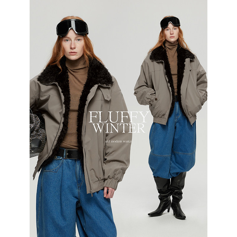 ULD/90S北欧中古游牧感翻领拼环保皮草工装夹克 短外套