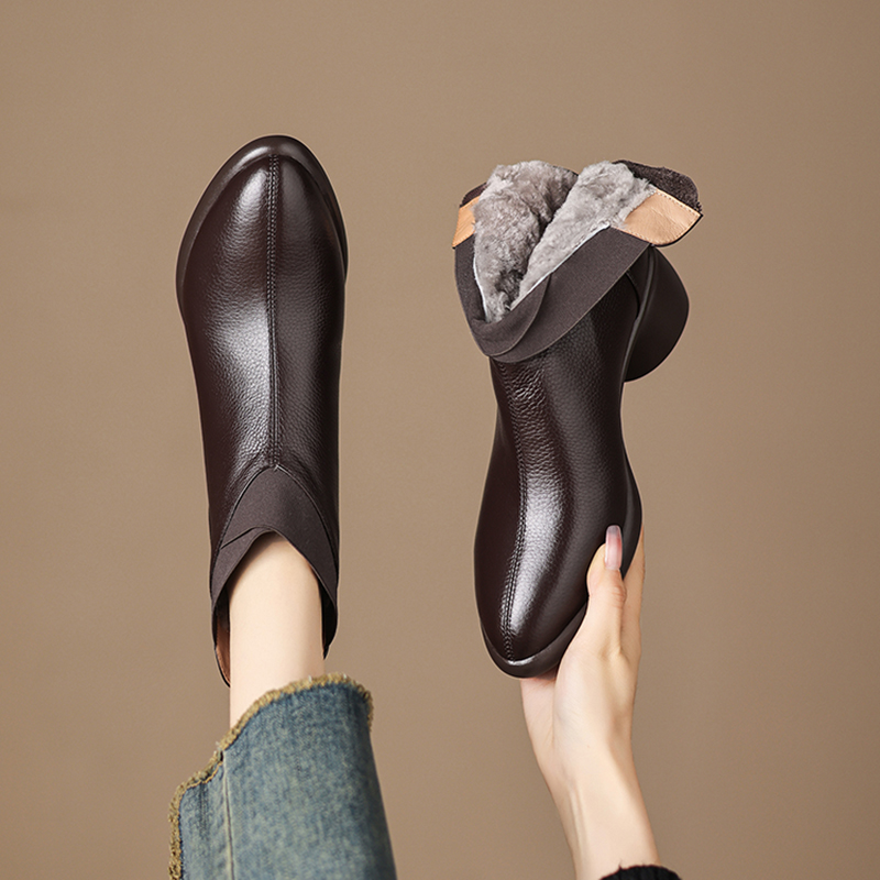 头层牛皮5cm冬季复古超轻厚底真皮软底百搭宽胖脚舒适短靴妈妈鞋