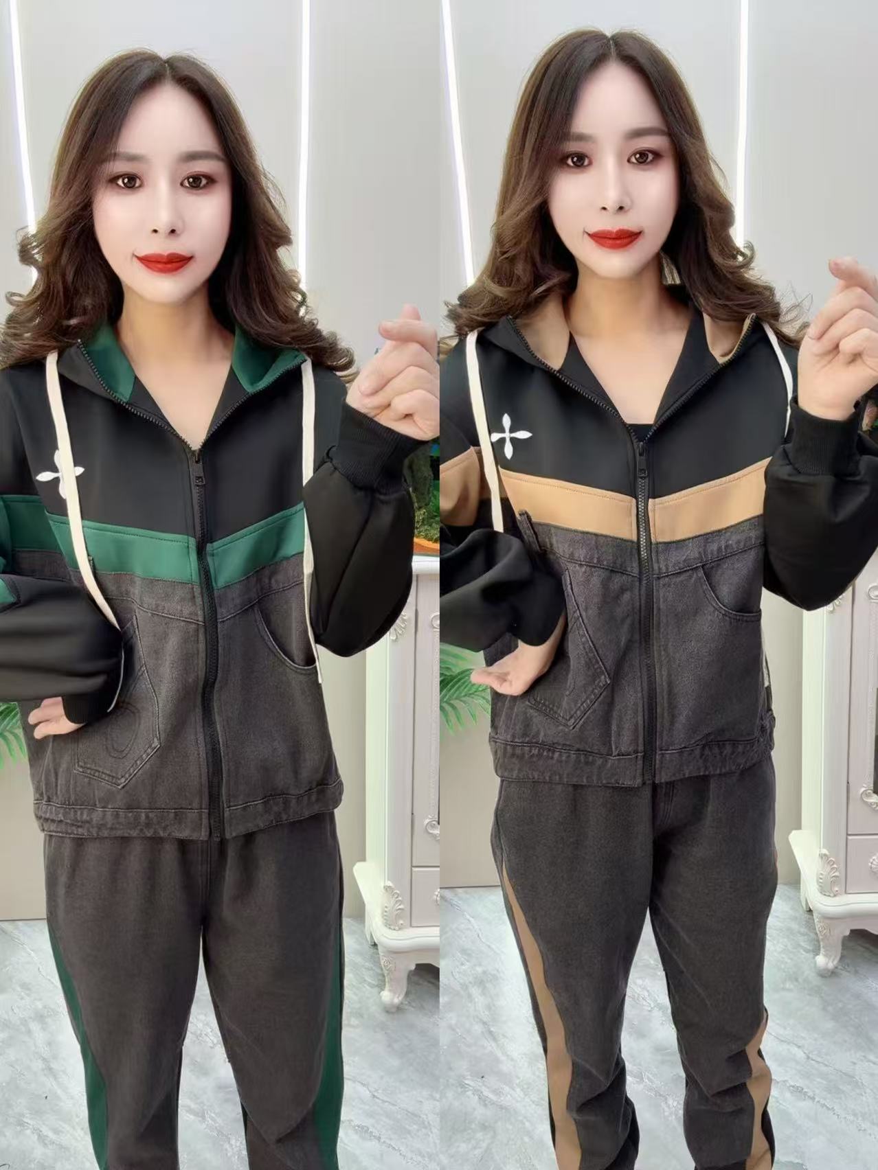 牛仔拼接套装，2色