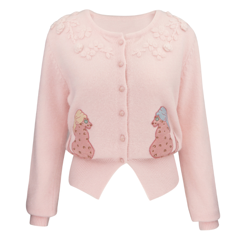 JUNGLE ME冬季粉色温柔减龄时尚女开衫圆领毛针织衫小香风毛衣