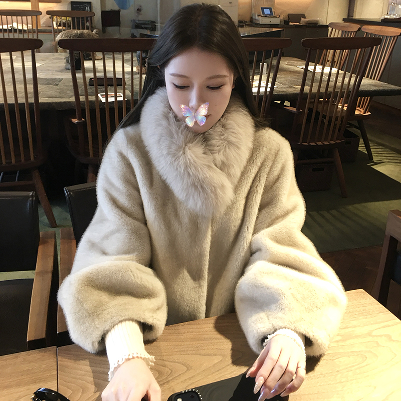 人造皮草 复古仿水貂轻奢毛领环保皮草宽松毛毛外套百搭女冬大衣