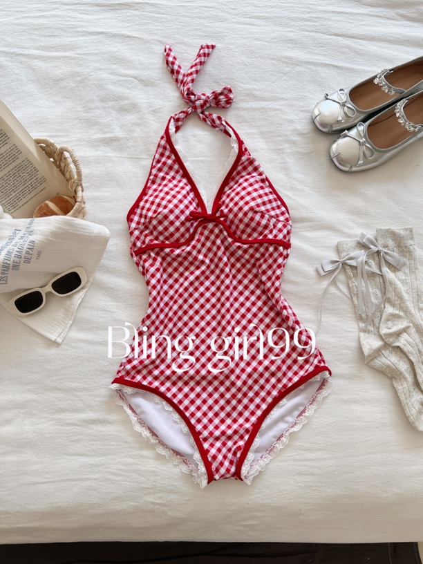 【莓莓果酱】女性红色格子连体泳衣性感遮肚适合温泉度假泳装游泳衣