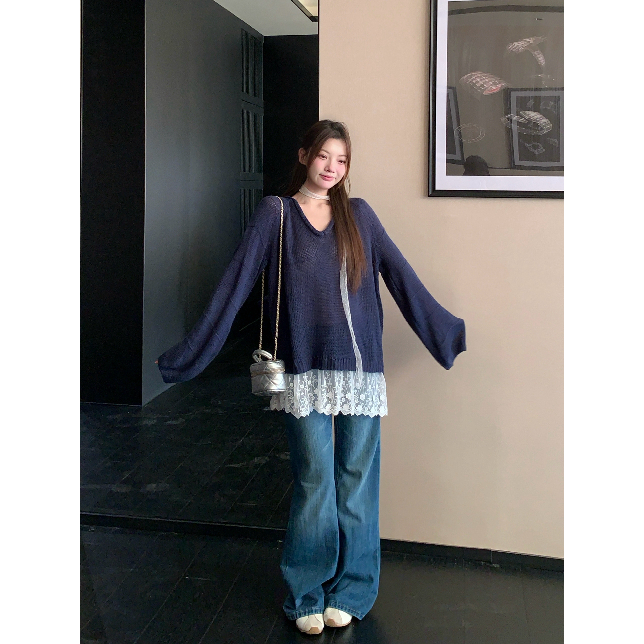 蕾丝拼接宽松毛针织衫早秋慵懒休闲少女风百搭上衣Y3335