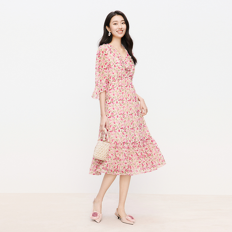 【闲庭信步】珂莱蒂尔商场同款碎花裙显瘦气质时尚夏季法式连衣裙