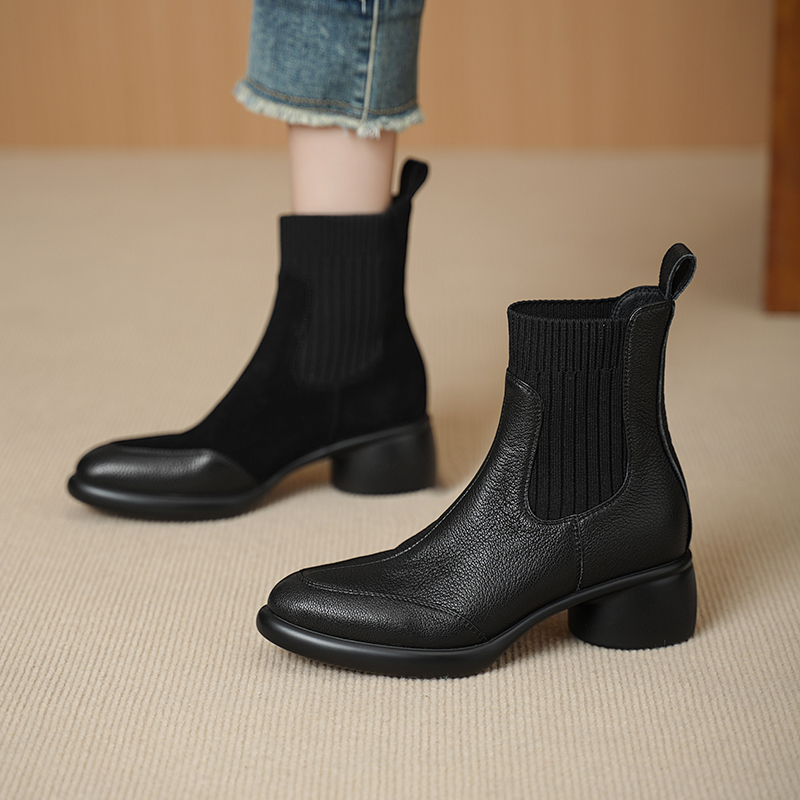 法式真皮复古短靴2025年秋冬新针织弹力瘦瘦靴粗跟马丁靴H615-10