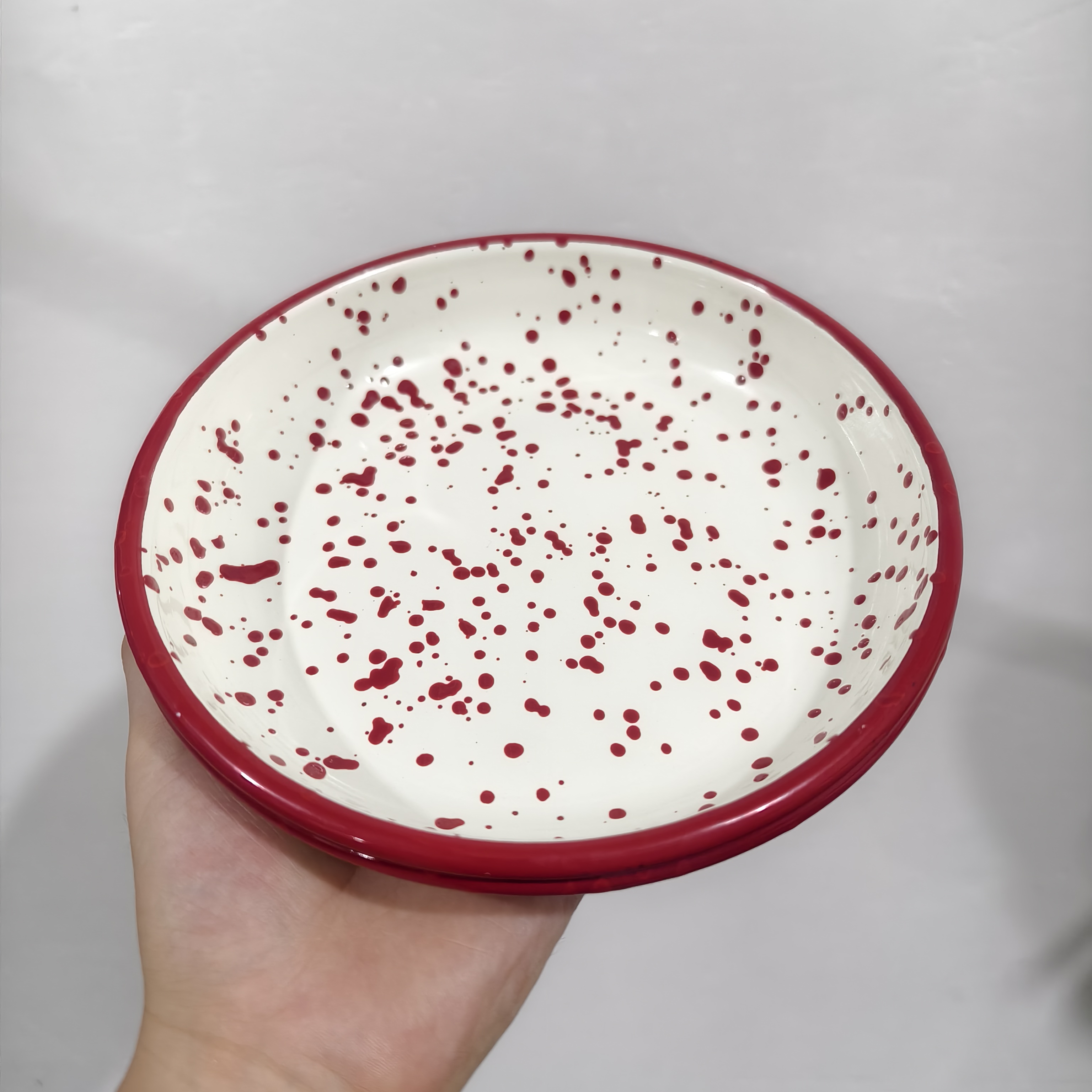 【颜值好物】22CM 草莓红 泼墨 家用 升级珐琅搪瓷盘 烤盘 甜品盘