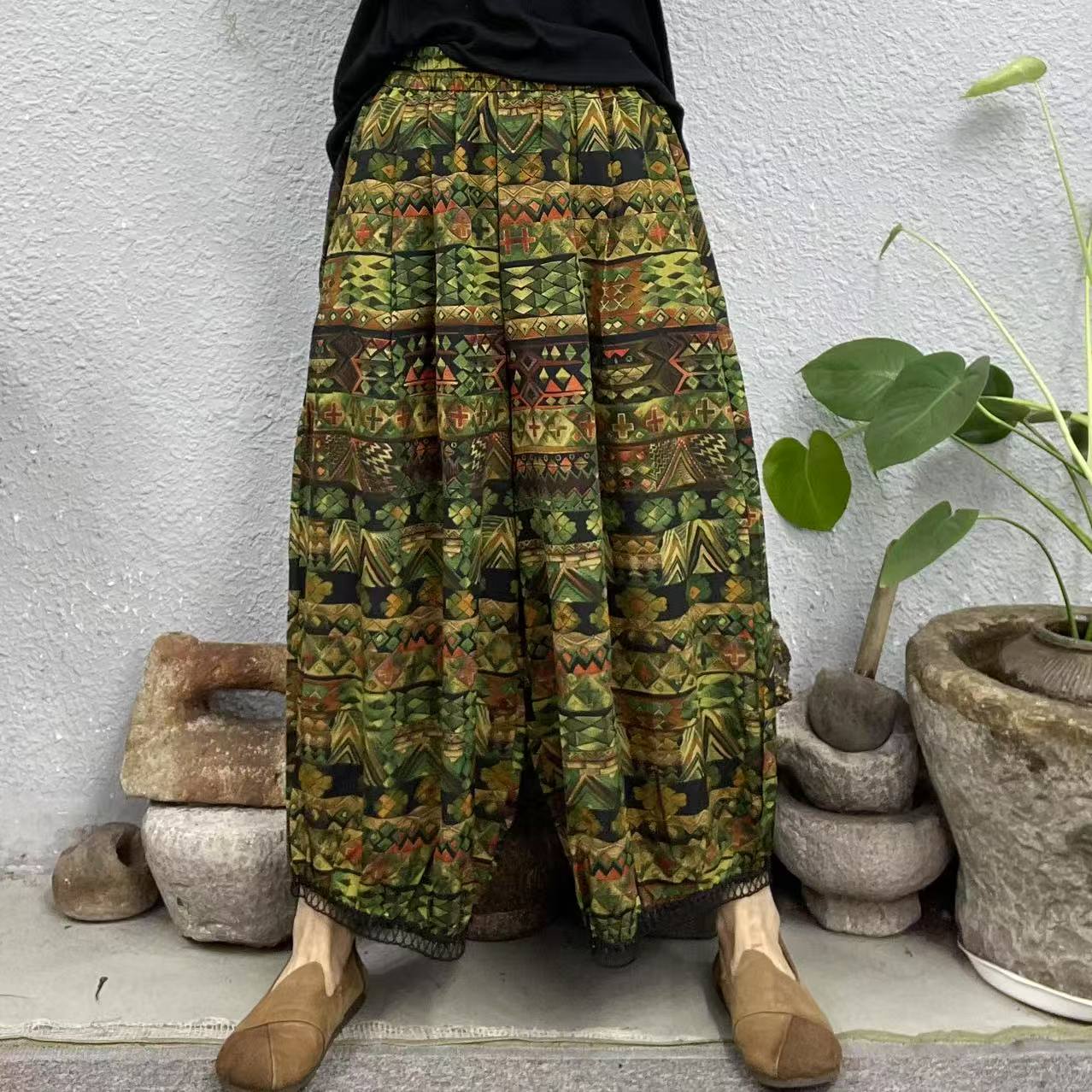 31133绿色菱形丝麻裤脚编织网阔腿休闲裤（长85臀围140脚口58