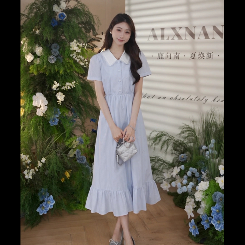 鹿向南[西西里漫花]通勤气质简约拼接绑带短袖连衣裙DYL661941