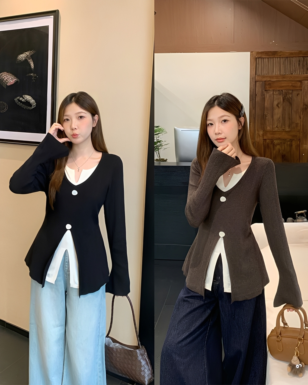 2025秋季大码胖mm撞色V领假两件长袖针织衫设计感显瘦上衣69332