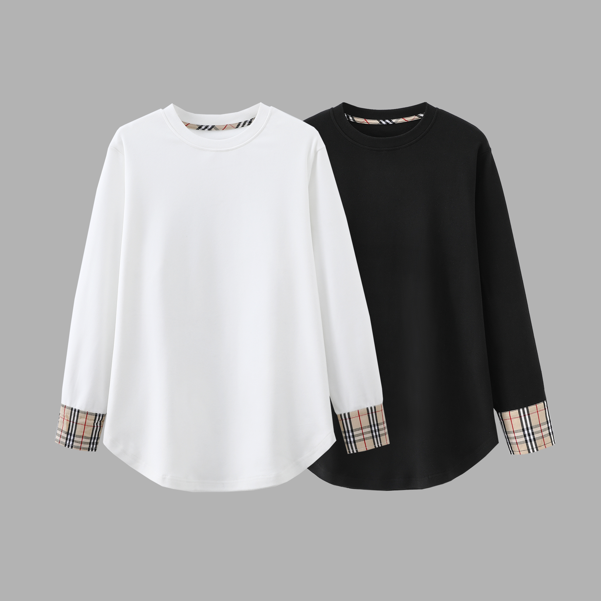 欧洲站经典格子双面绒拼接衬衣袖打底衫 8240370