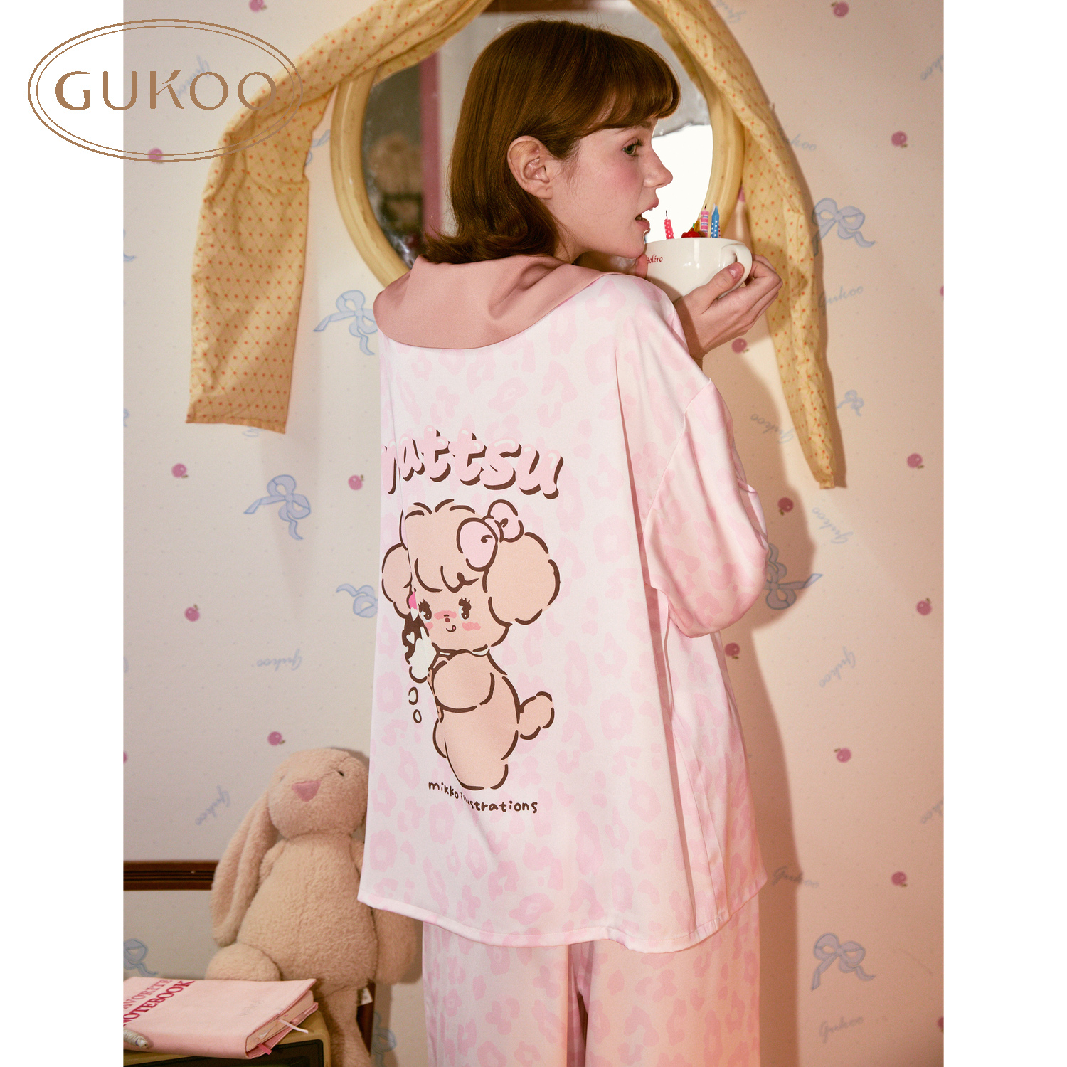 【贤哥专属】Gukoo果壳睡衣mikko豹纹娃娃领长袖冰丝家居服套装