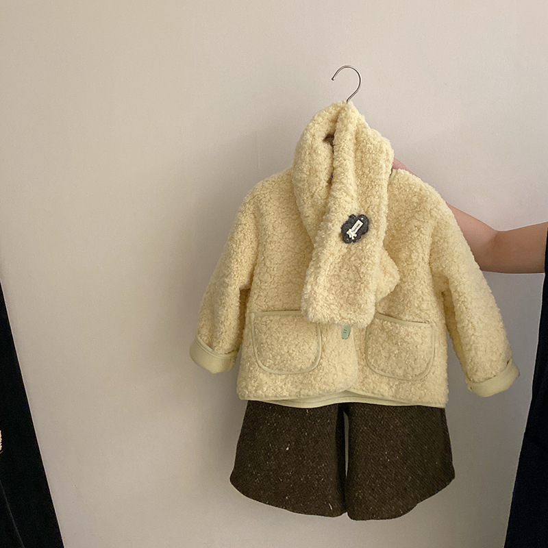 【安安家】女童韩版秋冬新款加绒毛毛围巾外套2025中小童上衣R25602