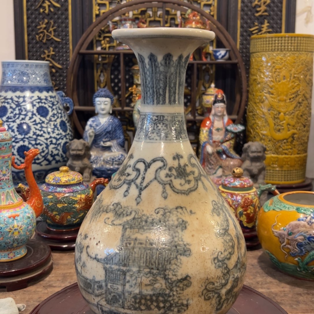 菩***果摆件青花人物故事玉壶春