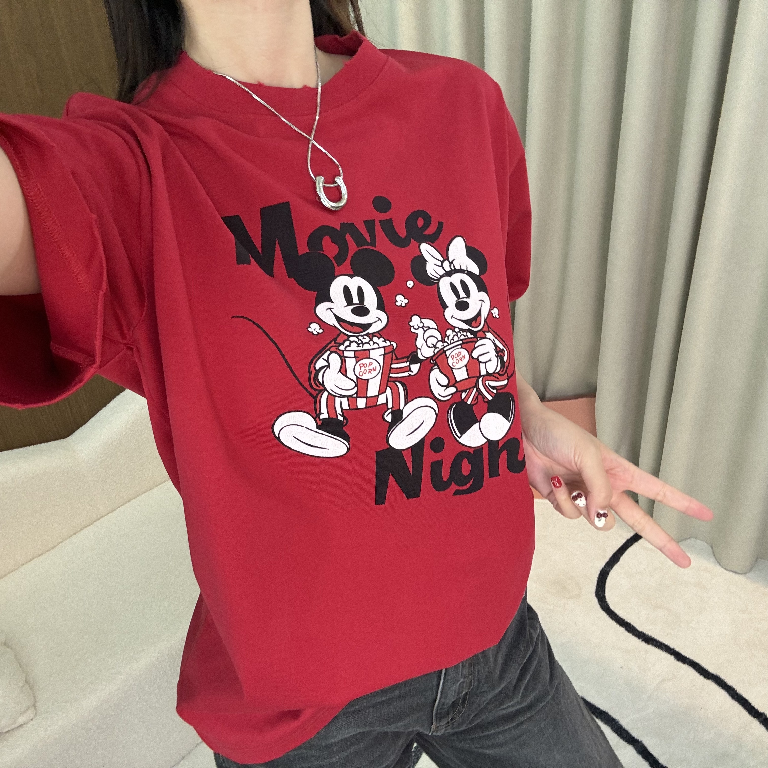 韩哈尼新品过年红米老鼠卡通圆领纯棉短袖T恤时尚百搭经典宽松