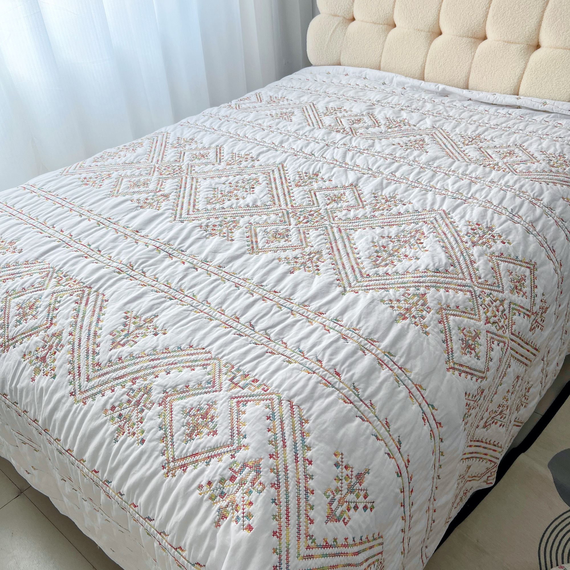 【花季】十字绣彩绣重工刺绣高支高密双面纯棉床盖双人床榻榻米床单