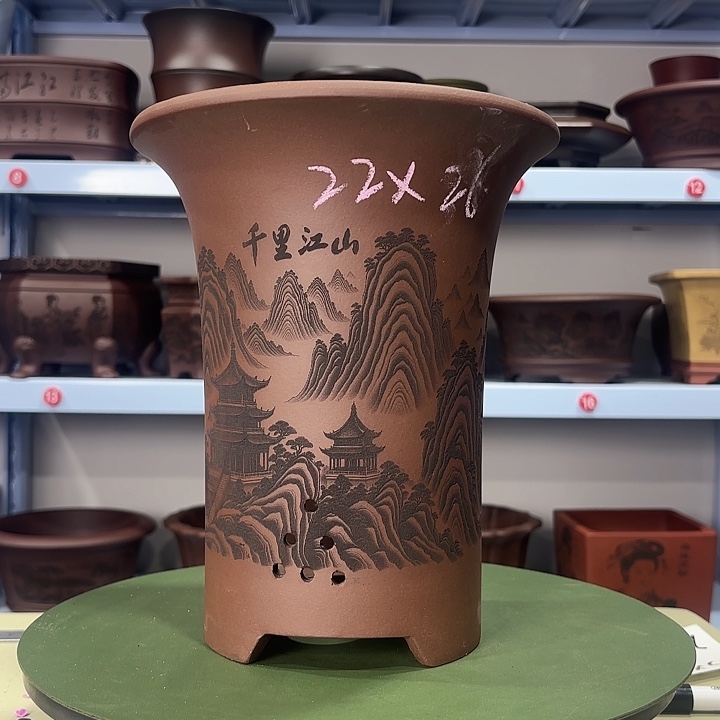 花盆紫砂刻绘山水