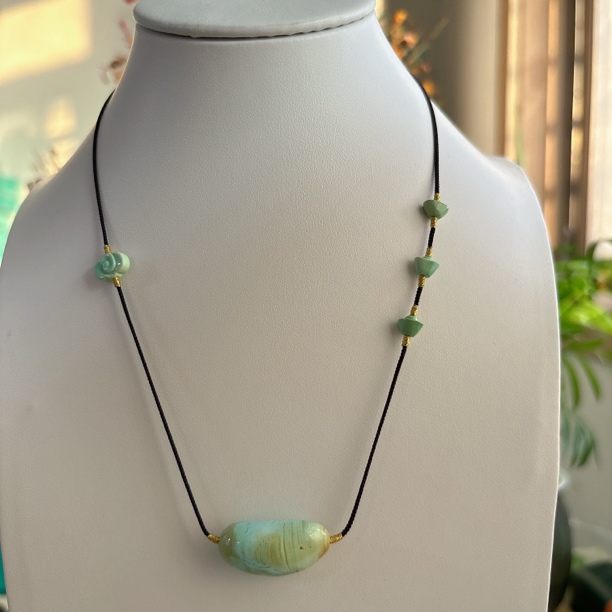 799天然绿松石水波纹随行抽拉项链，主石约12×25mm