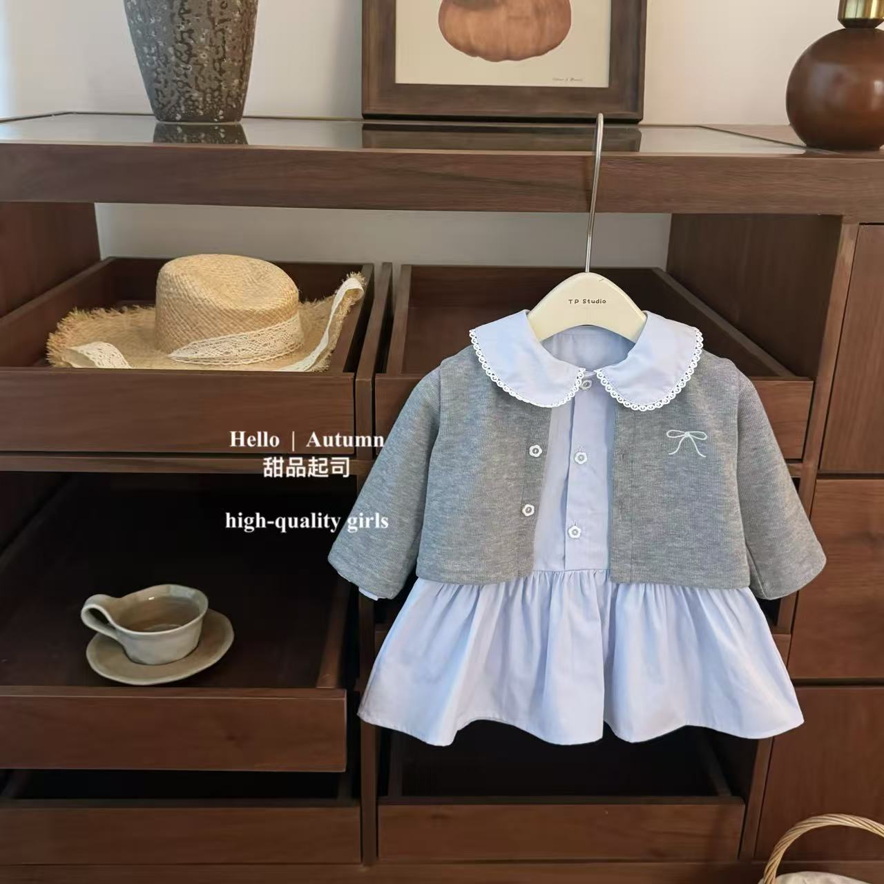 甜品起司】曼哈顿小学妹！女宝宝可爱娃娃领学院风公主裙开衫套装