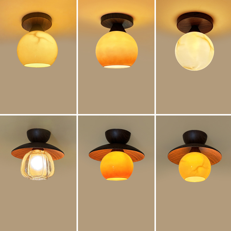 过道灯飞碟吸顶灯北欧入户玄关灯创意复古木纹led灯极简阳台灯具