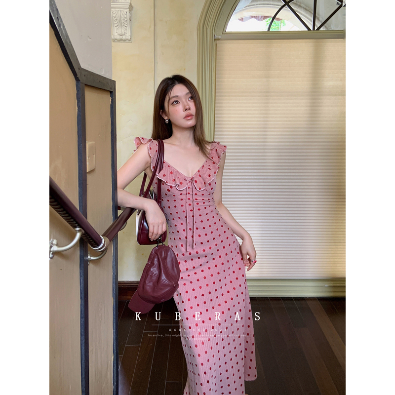 KUBERAS【甜心布蕾】小众甜美蝴蝶结波点短裙+荷叶边U领长连衣裙