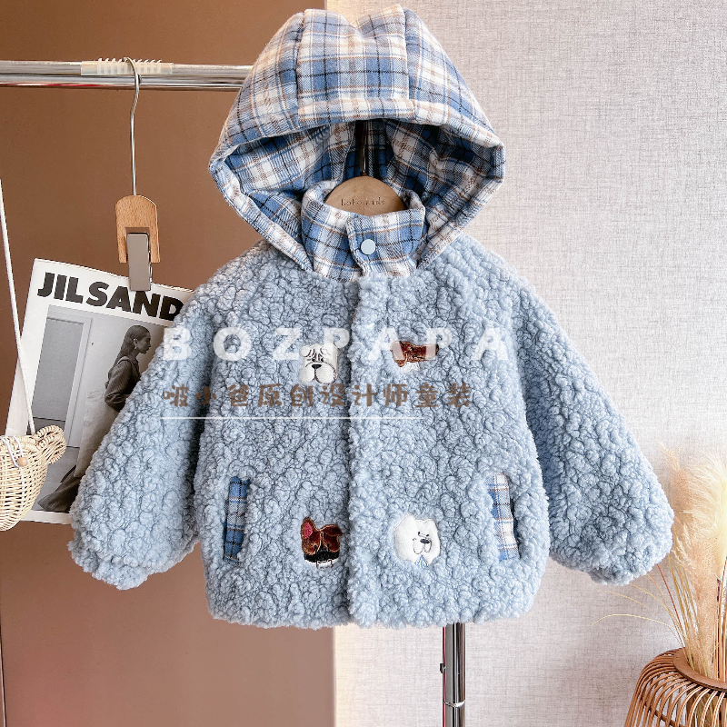 现货啵小爸【漫卷云舒】2025冬季新款毛毛拼接格子帽子夹棉外套