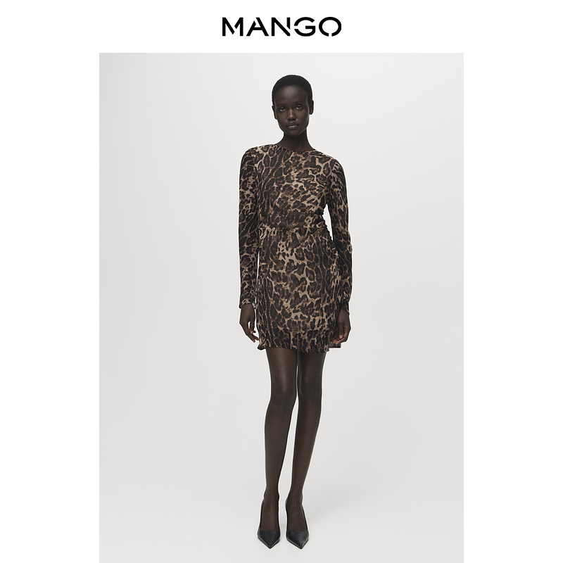 MANGO女装连衣裙2025冬装新款圆领腰间捏褶修身豹纹短款连衣裙