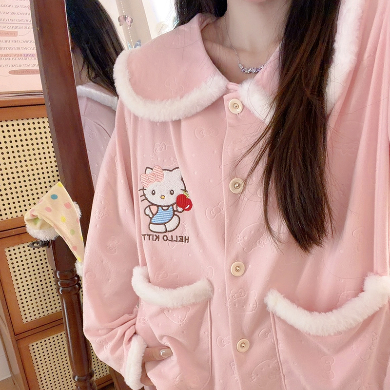 娃娃领睡衣女士秋冬季粉粉kitty长袖日系德绒加厚保暖家居服套装