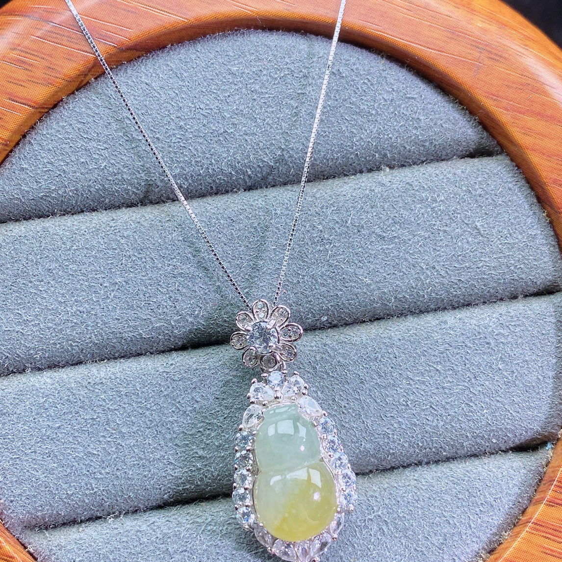 天然翡翠A货葫芦S925银镶嵌百搭时尚设计款吊坠