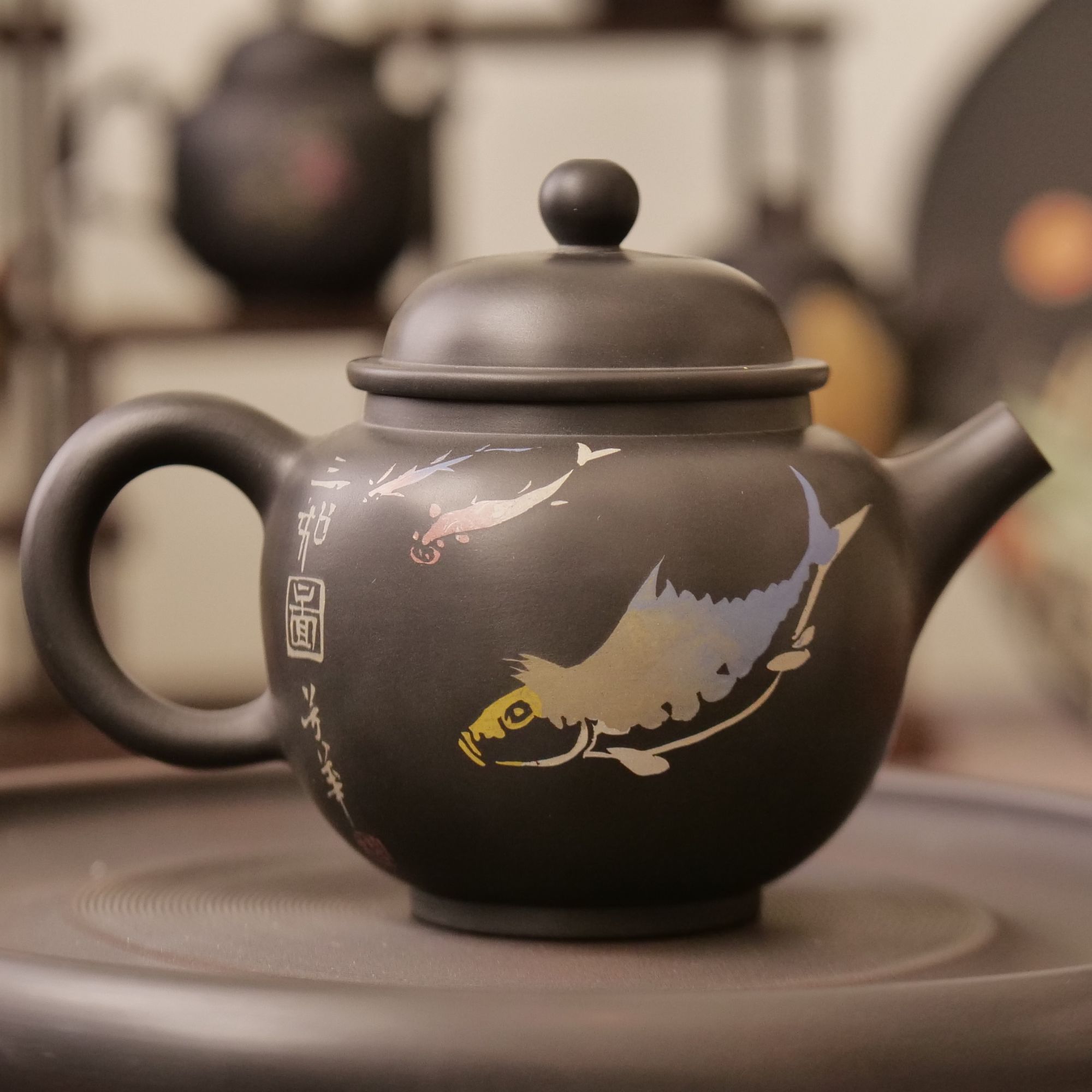 建水紫陶阴刻阳填纯手工茶壶
