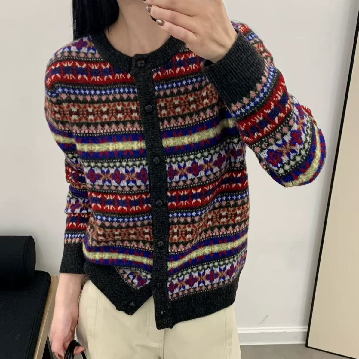 2025秋冬季新款时尚圆领长袖费尔岛提花设计针织开衫女毛衣6137