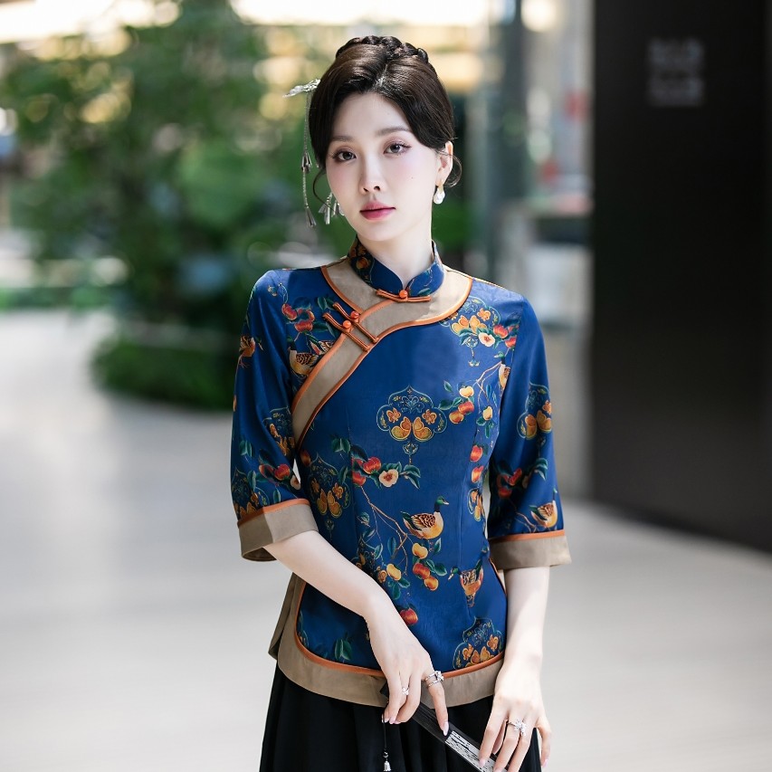 如意蓝色    中国风复古七分袖薄款春夏短款如意气质小上衣