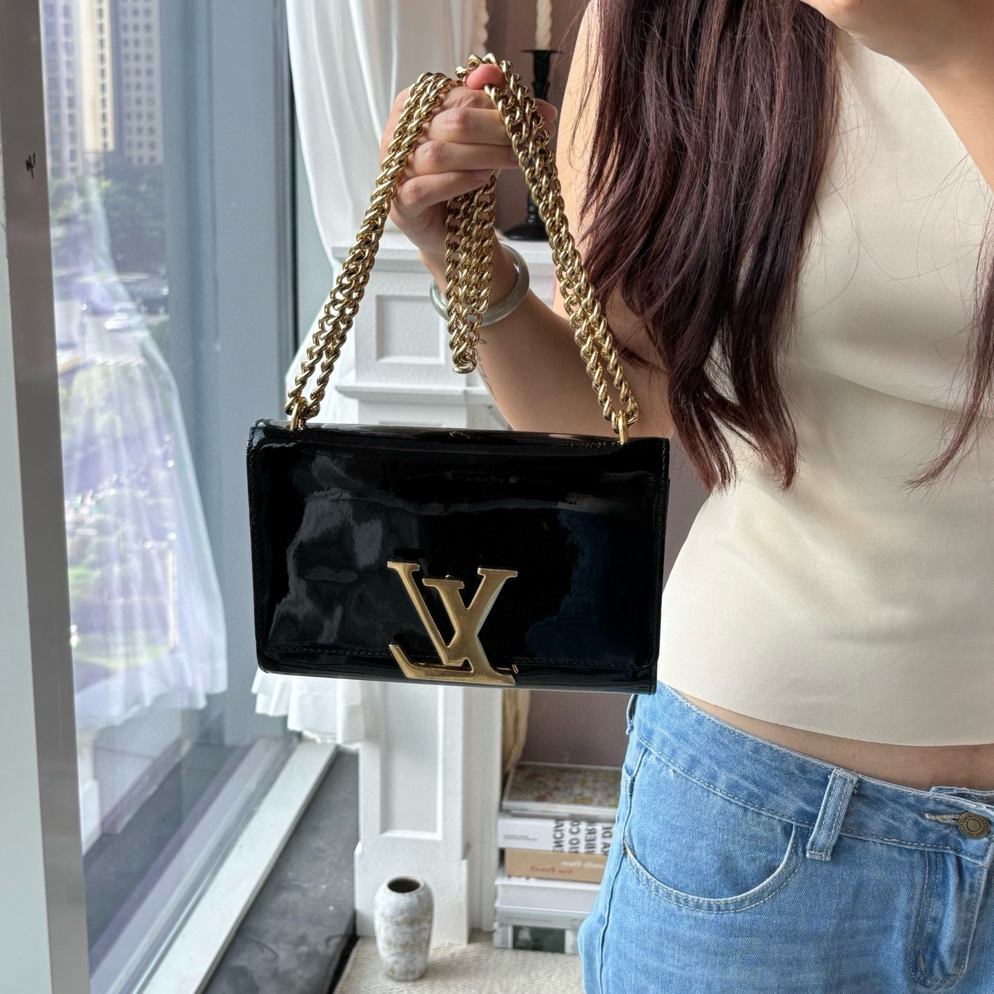 95新 LouisVuitton/路易威登 lv黑金大logo链条包