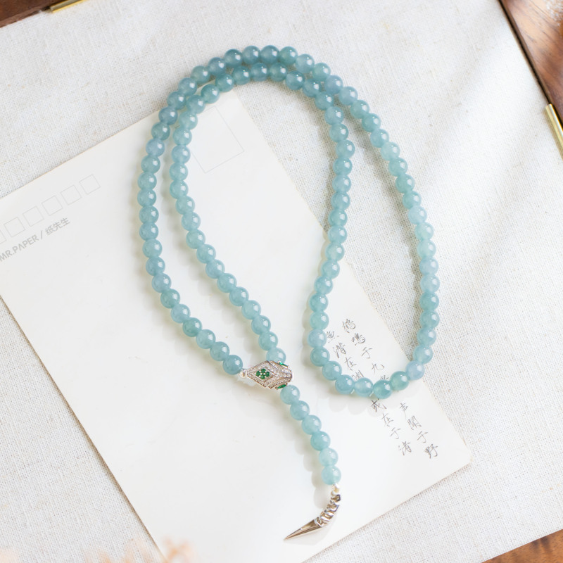 翡翠圆珠灵蛇扣S925银素银毛衣链