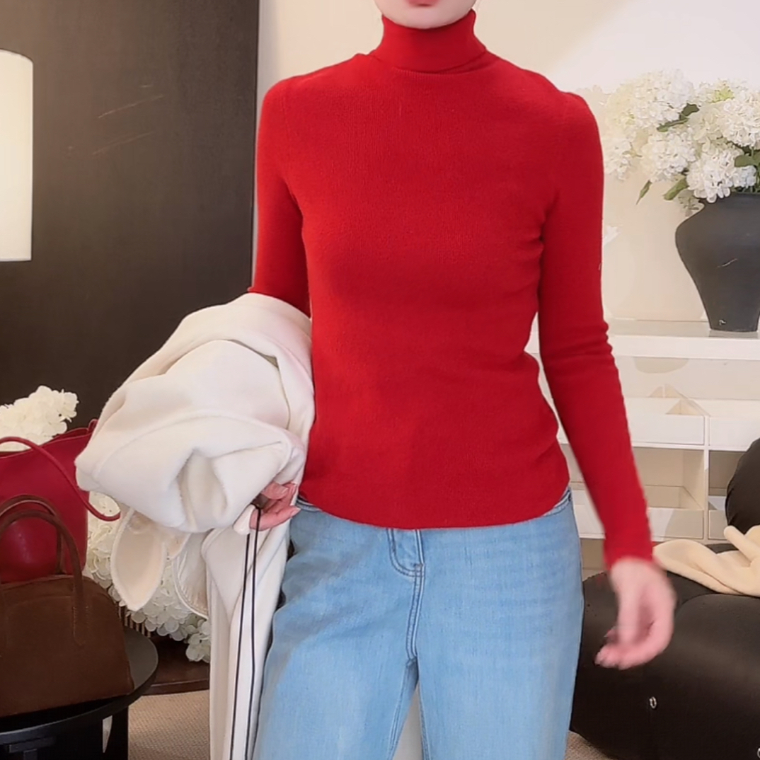 【白茶姐弟】高领舒适百搭袖口开衩打底毛衫
