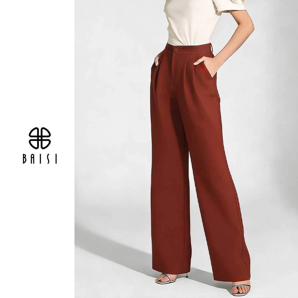 BAISI/百丝复古风女士冬季垂感高腰西装裤直筒版型棕红色气质感