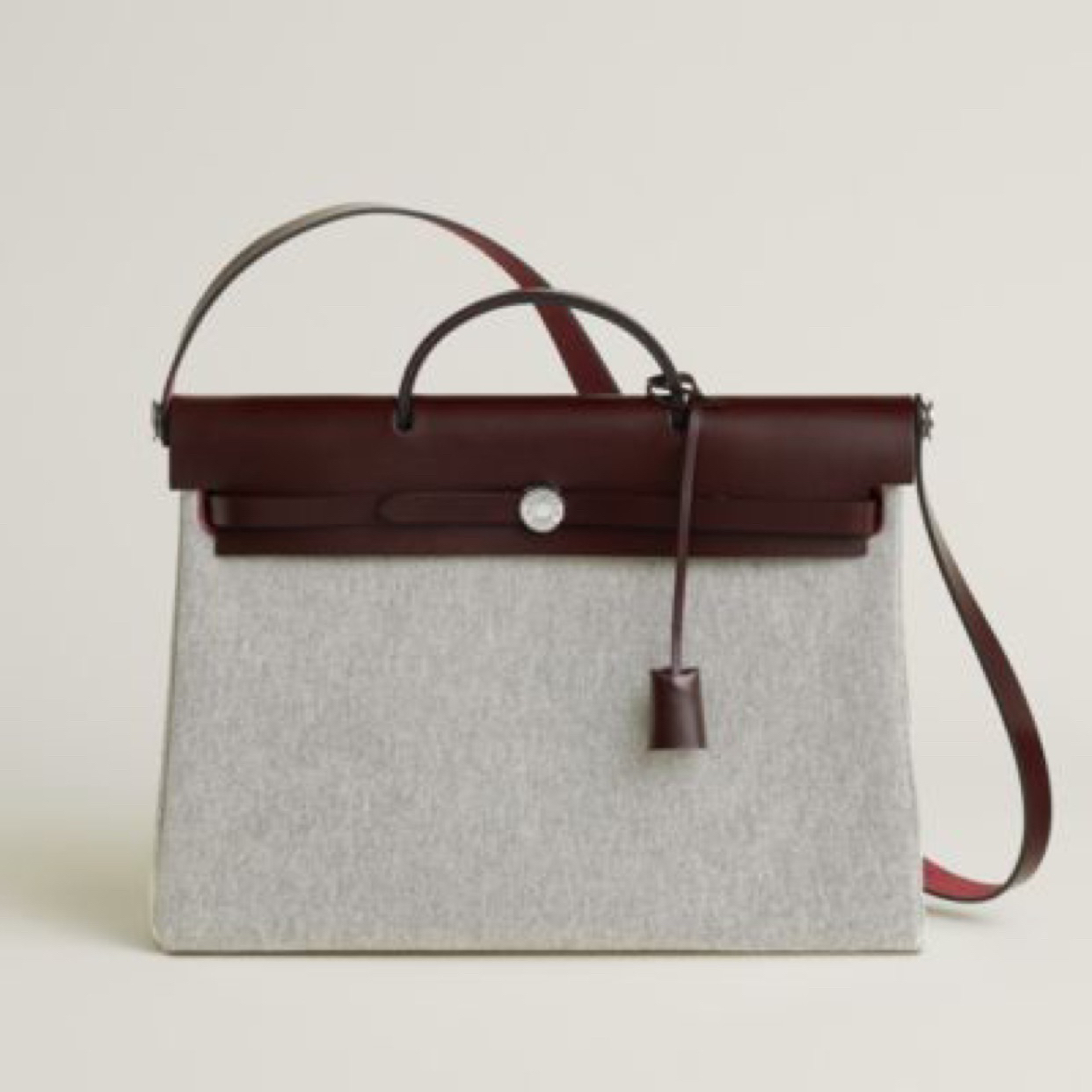 99新 Hermes/爱马仕 Herbag39马鞍红牛皮4252拼灰手提单肩斜肩包